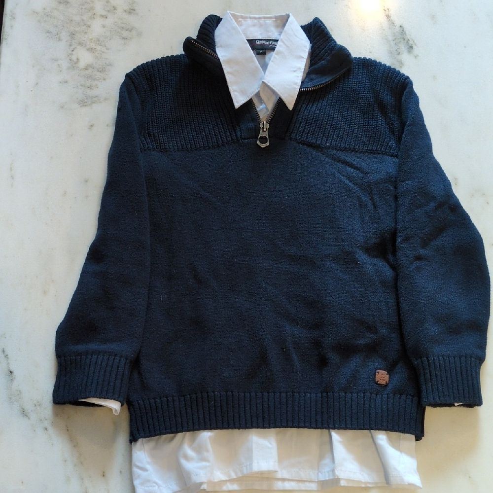 Zara Boys Navy 1/4 Zip Knit Sweater Size 7 Pullover W/ Gino Giovanni White Shirt